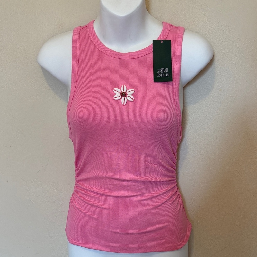 wild fable Bright Pink Ribbed Tank with Daisy Accent